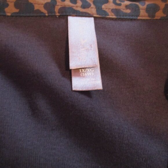 Catherines Shirt 1X Brown Leopard Animal Print Trim Long Sleeve Top - Picture 6 of 8